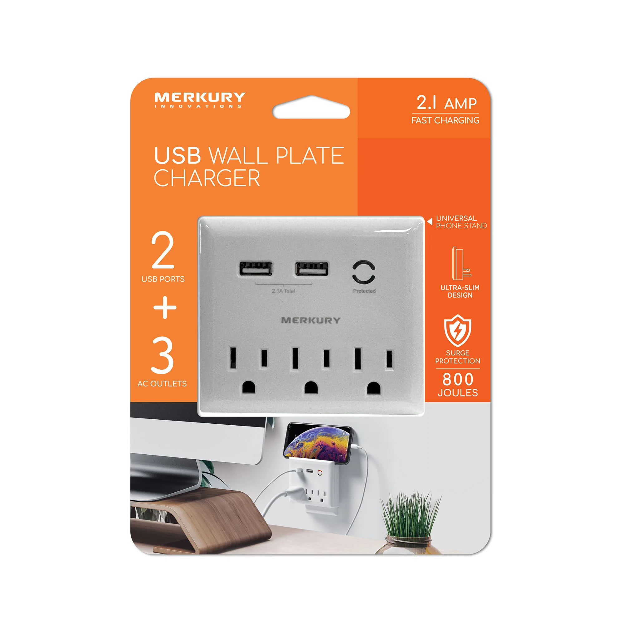 2.1A 2 USB 3 Outlets 800 Joules Wall - Image 3